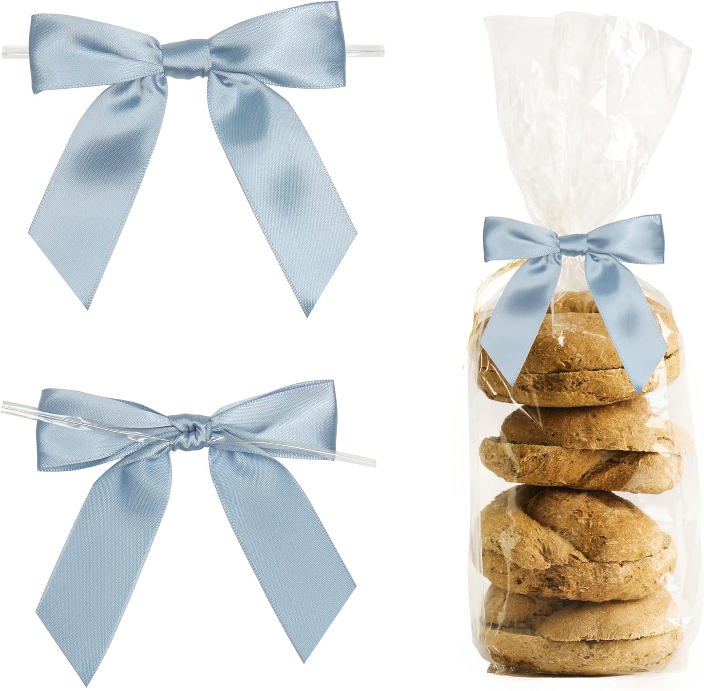 Twist Tie Bows by Dusty Blue - Pre-Tied Satin Ribbon Bows for Gift Wrapping | 3.5" | 50 Pack