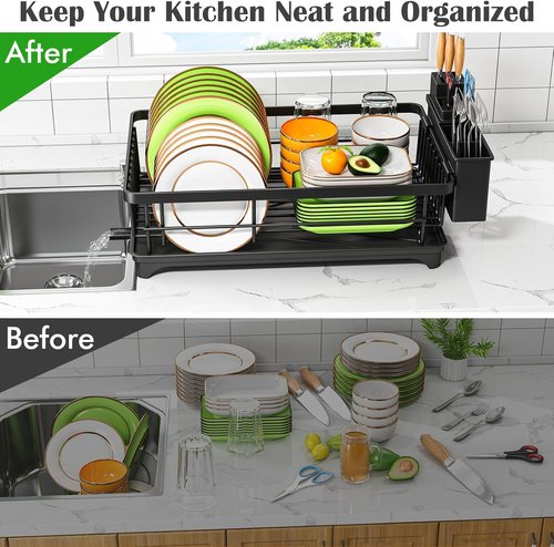 Dish Drying Rack | Compact Rust-Resistant Kitchen Rack with Utensil Holder - Space-Saving Black Design