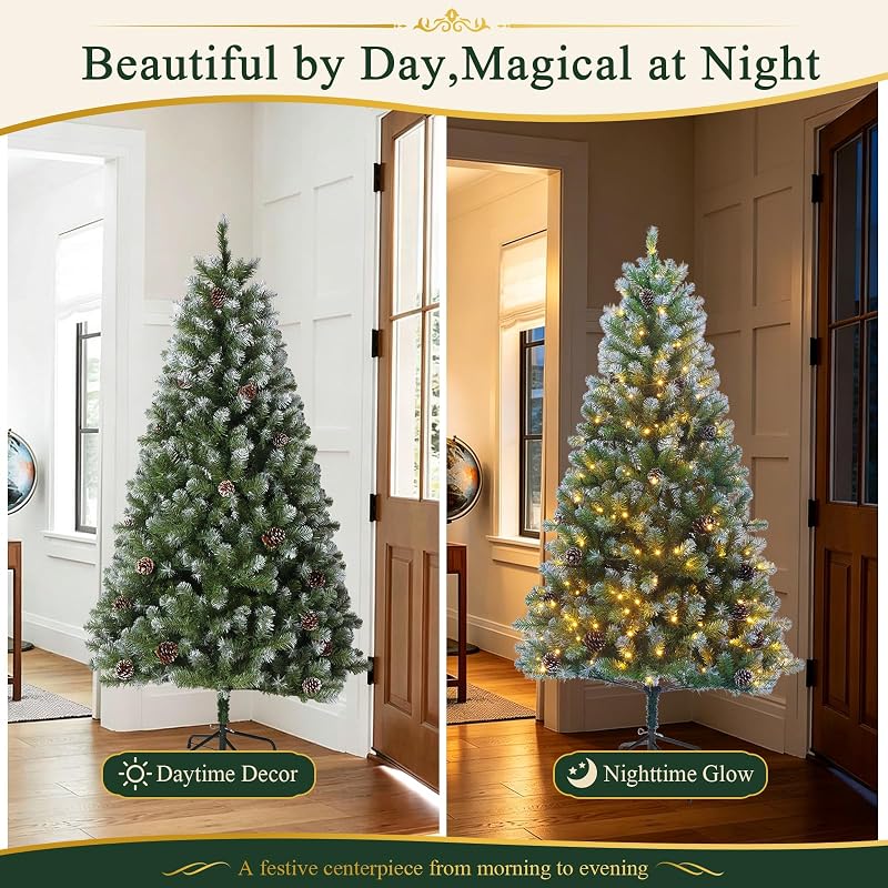6ft Pre-Lit Artificial Christmas Tree with 250 Warm White Lights, 705 Snow-Dusted Tips & 51 Pine Cones