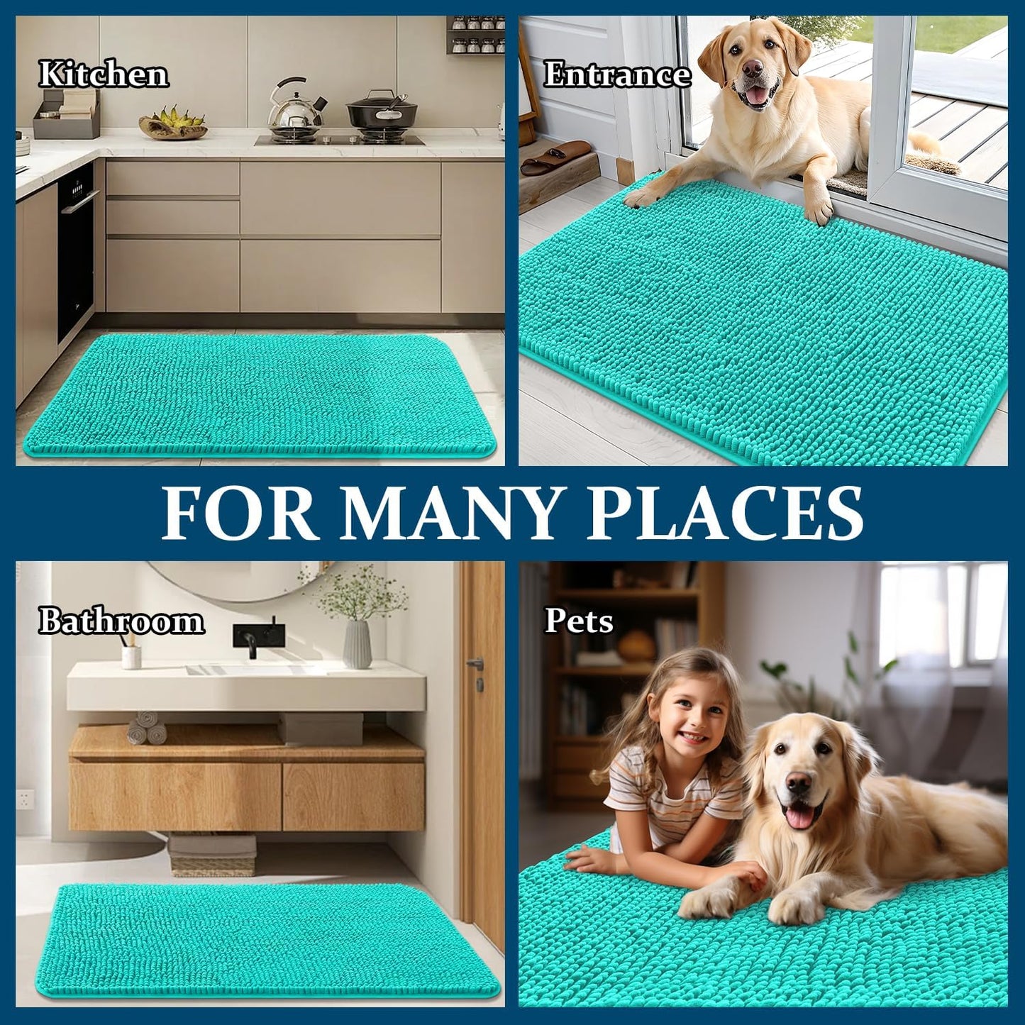 OLANLY Dog Door Mat - Absorbent Non-Slip Chenille Mat for Muddy Paws | 24x16 Inches, Teal Color