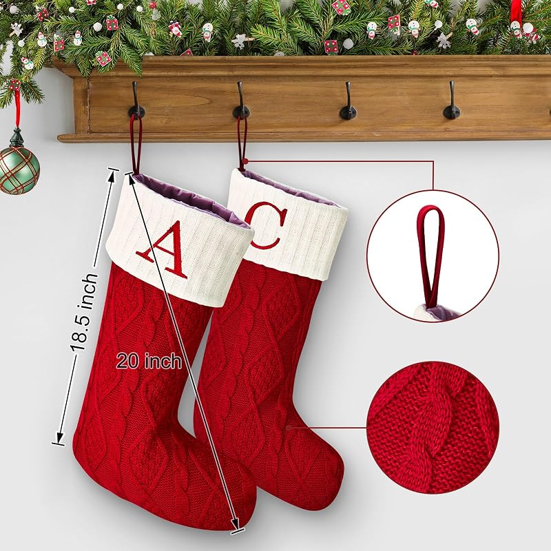 Personalized 20” Christmas Stocking with Initial A - Knitted Embroidered Monogram