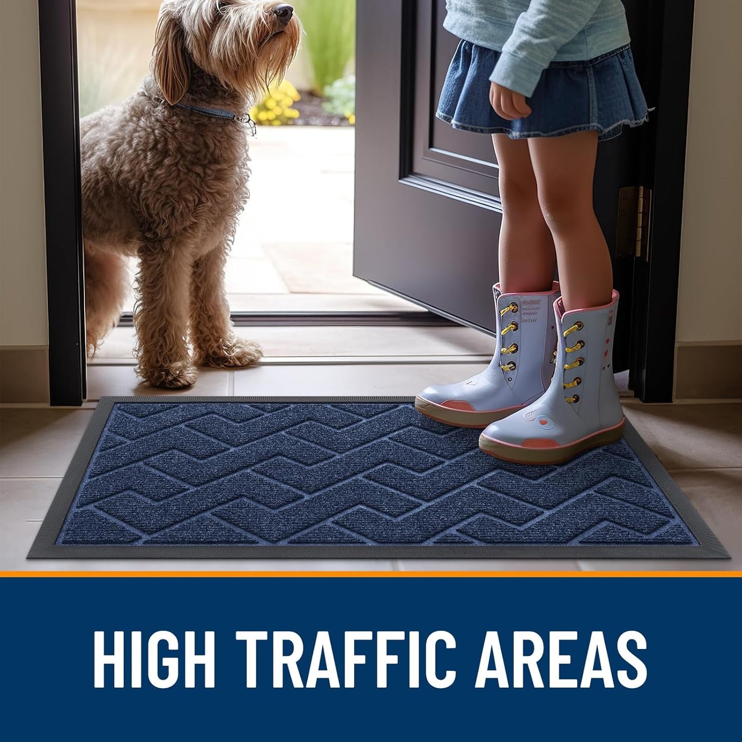 OLANLY Waterproof Front Door Mat - All-Season Indoor/Outdoor Doormat | Sturdy Natural Rubber, Herringbone Brick (Blue, 47x23)