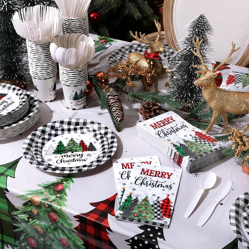 Buffalo Plaid Christmas Party Supplies Set - 352 Pcs Disposable Tableware