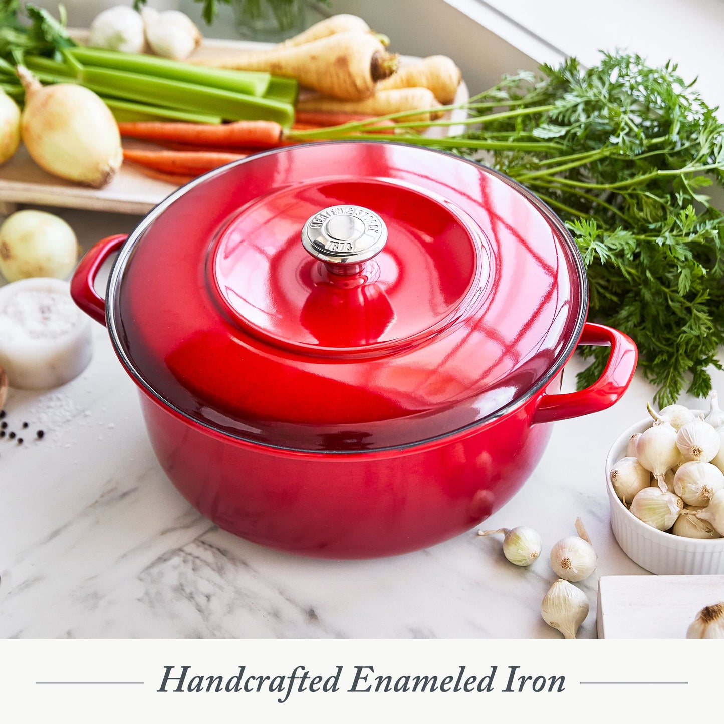 Merten & Storck German Enameled Iron, Round 5.3QT Dutch Oven Pot with Lid, Foundry Red