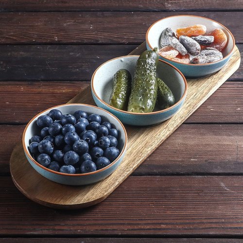 Artena 6oz Turquoise Ceramic Chips and Dip Platter - Acacia Wooden Tray & 4.5" Dipping Bowls