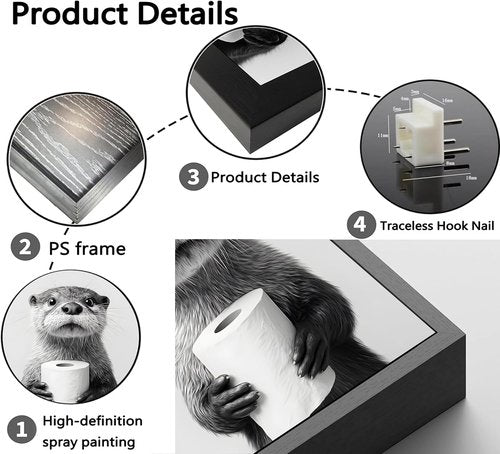 Framed Otter Wall Art - Black and White Funny Animal Decor for Bathroom | Farmhouse Toilet Decoration