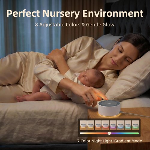 Kipcush White Noise Machine with Night Light โ Nursery Sound Machine with Soft Non-Glare Lamp, 30 Soothing Sounds, 8 Color Lights, Up to 8-Hour Timer for Baby & Adults