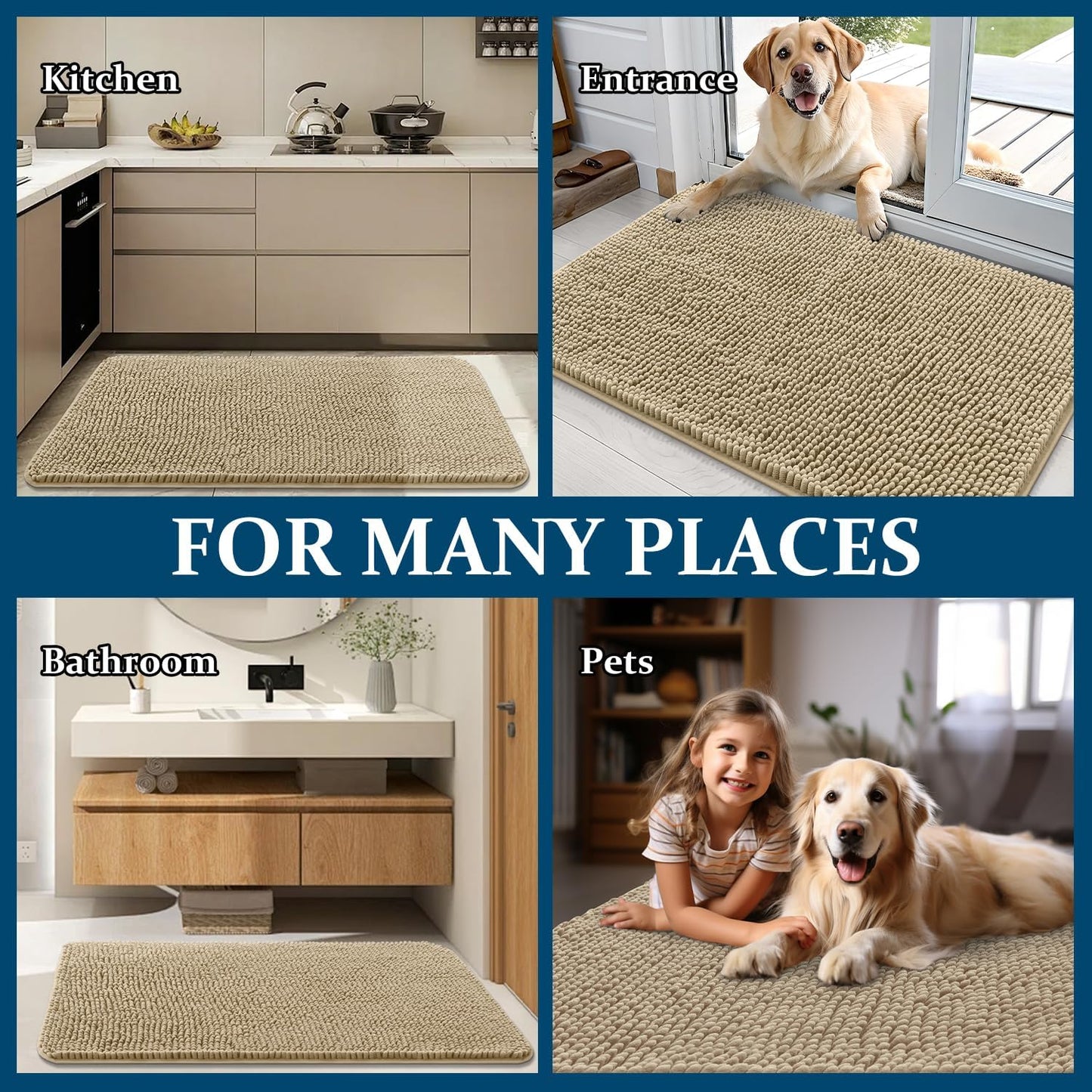 OLANLY Dog Door Mat - Absorbent Non-Slip Chenille for Muddy Paws | 59x24 Inches, Quick Dry, Beige