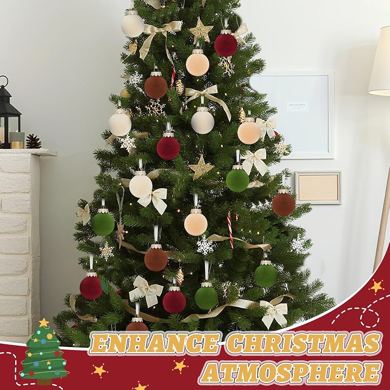 Velvet Flocked Christmas Tree Ornaments Set 25 Pcs 2.36in Multicolor Shatterproof Balls