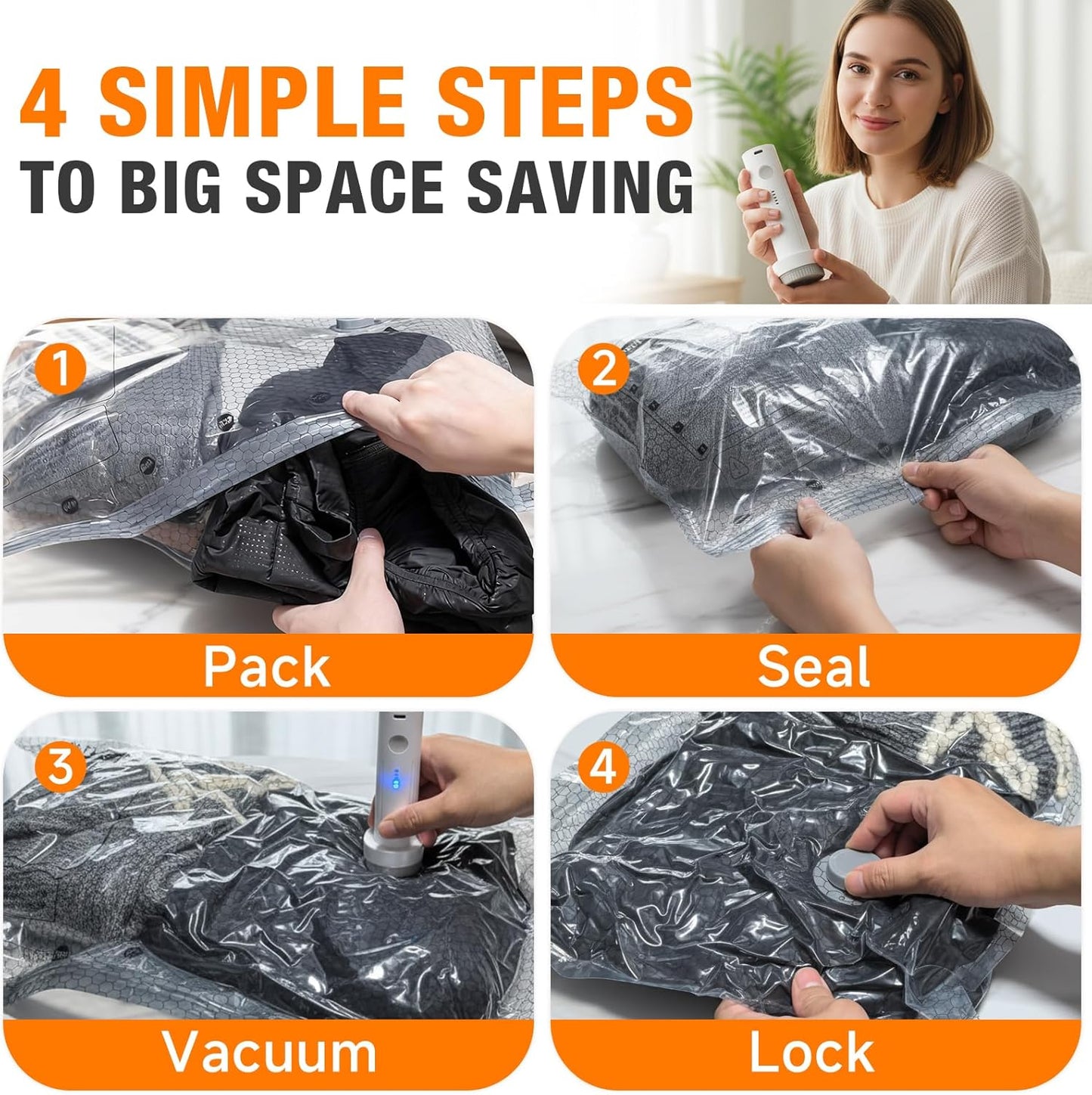 Skiennix Space Saver Vacuum Storage Bags - Portable Electric Pump Included | 15 Combo Set (5L/5M/5S) for Travel & Home