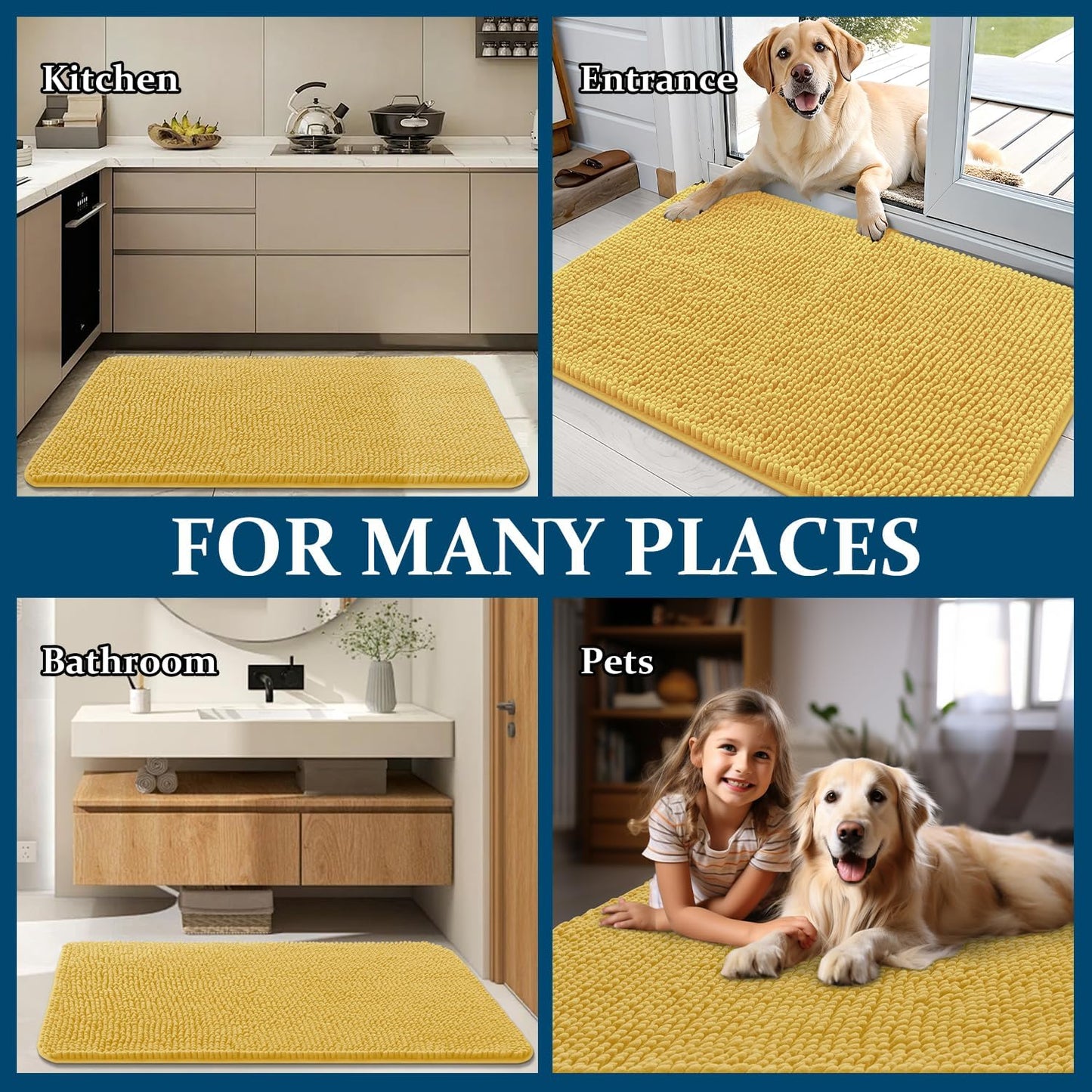 OLANLY Dog Door Mat - Absorbent Non-Slip Washable Doormat for Muddy Paws | 24x16 Yellow Chenille Carpet