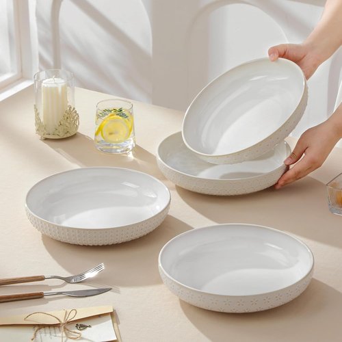 MALACASA Pasta Bowls - 48 Oz Large Ceramic Salad Bowls | Modern Relief Design, Set of 4