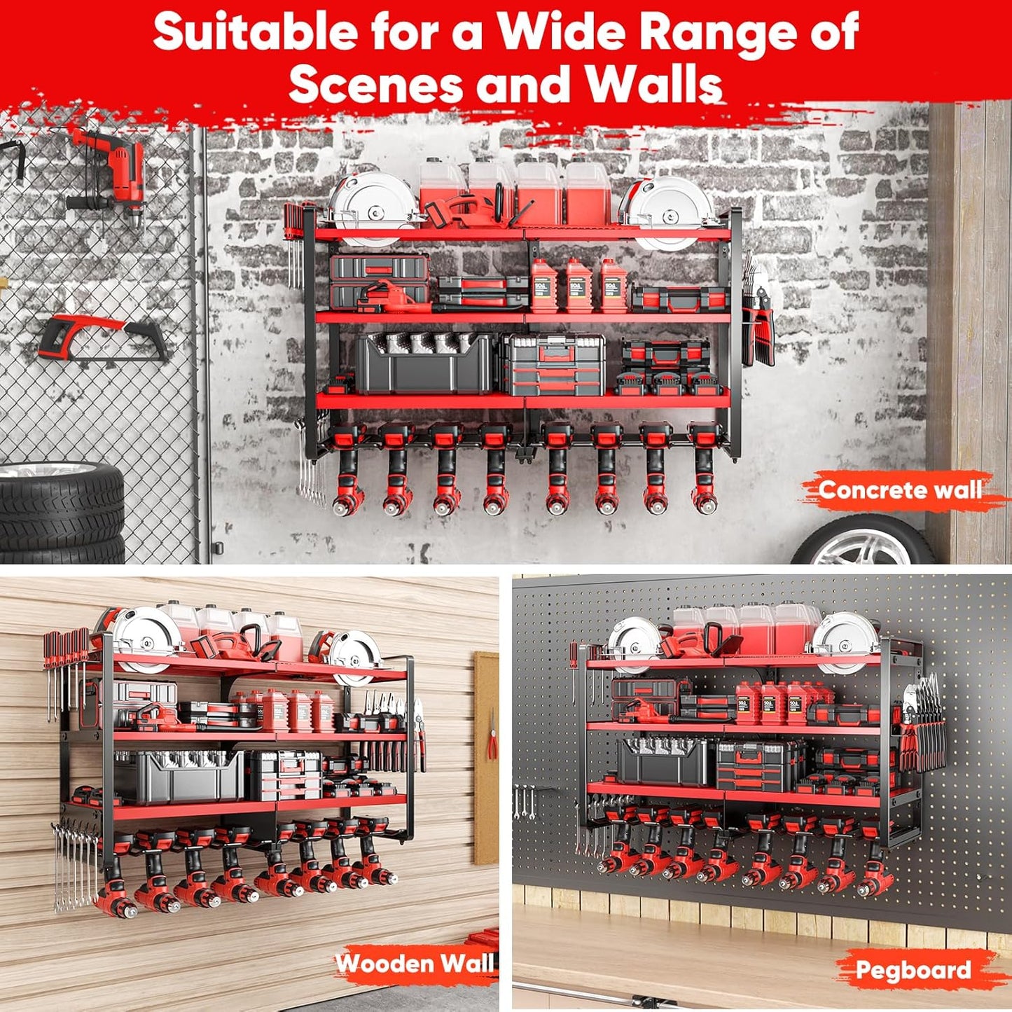 POKIPO Heavy-Duty Power Tool Organizer - Wall-Mounted 4-Layer Shelf for 400lbs Capacity | Includes 8 Drill Bit Holders