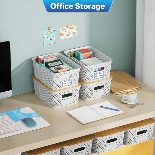 Anysig Plastic Storage Bins - 8 Pack Stackable Baskets with Bamboo Lids for Organizing | Cream White
