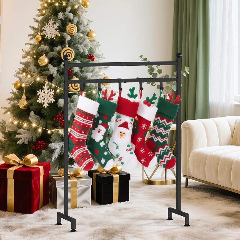 GloTika Christmas Stocking Holder Stand - 6-Hook Freestanding, Black (Variation: Black-6 Hooks)