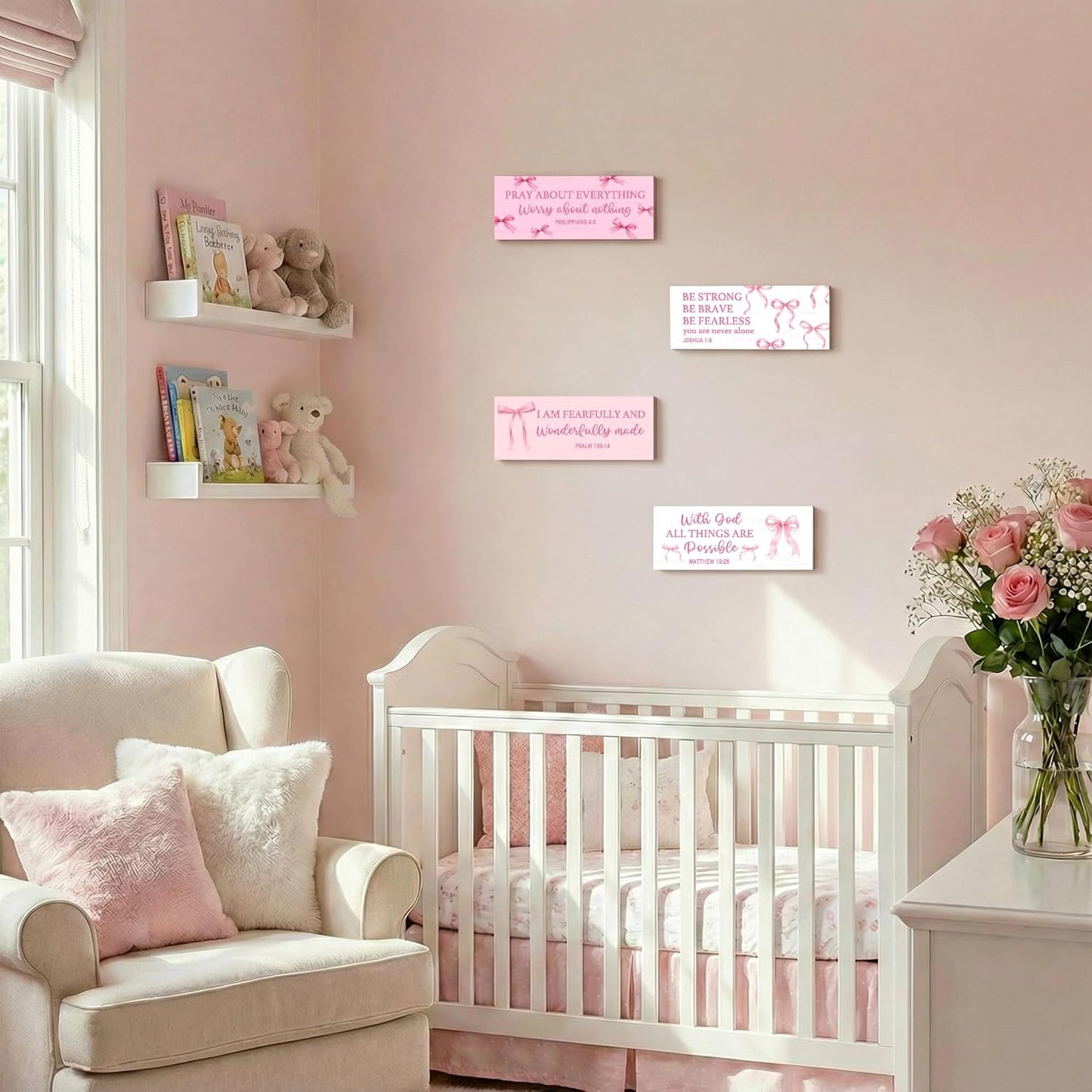 Skiennix 4Pcs Pink Bow Wooden Wall Decor - Cute Christian Art for Teen Girls' Nursery & Bedroom