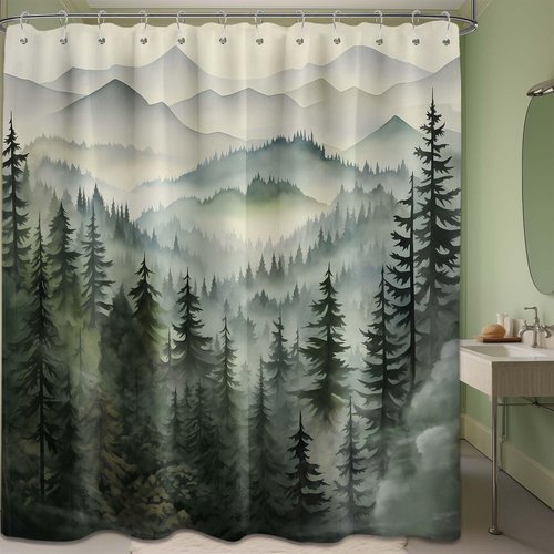 QGHOT Mountain Shower Curtain Green Forest Nature Shower Curtains for Bathroom Rustic Woodland Pine Tree Landscape Bath Decor Sets, Waterproof Polyester Fabric with Hooks, 70x72in