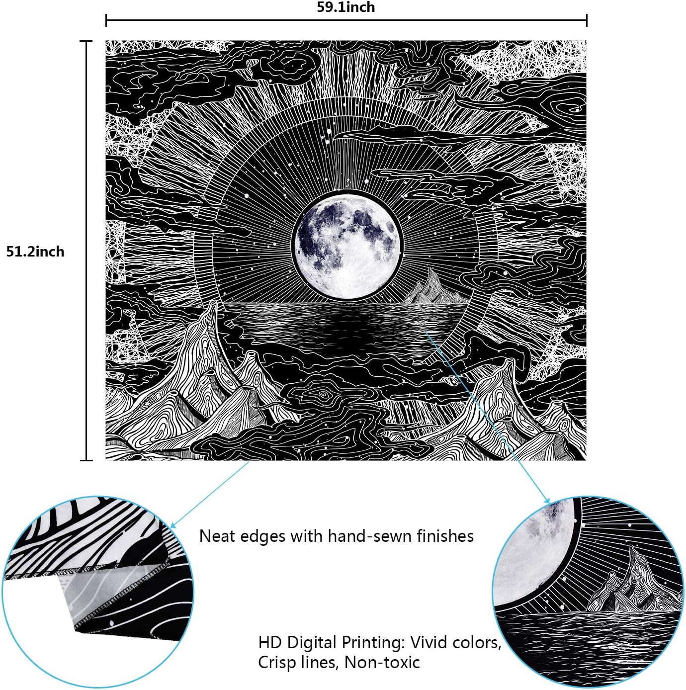 Sevenstars Psychedelic Mountain Tapestry - Moon & Star Clouds Design for Room Decor