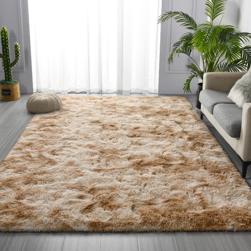 Deerhoo Large Shag Area Rugs 6 x 9, Tie-Dyed Plush Fuzzy Rugs for Living Room, Ultra Soft Fluffy Furry Rug for Bedroom, Indoor Carpet Nursery Rugs for Kids Room Home Decor, Beige