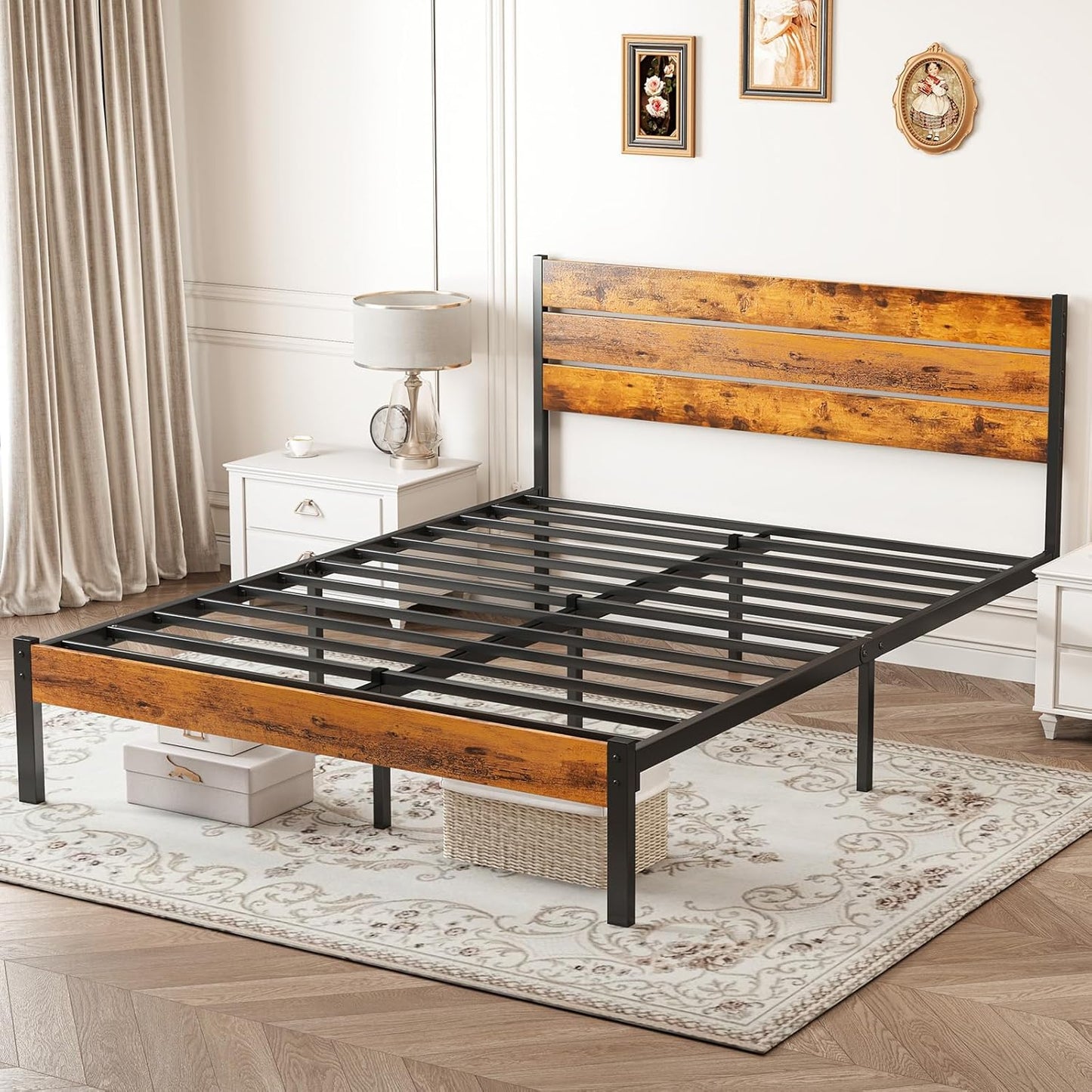 Sweetcrispy Queen Size Bed Frame - Sturdy Metal Support with Headboard & Under Bed Storage, Rust Brown