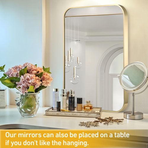 FARMER 26x38 Inch Gold Bathroom Mirrors for Wall, Framed Bathroom Vanity Mirror with Rounded Edge, Brushed Rectangle Mirrors for Bathroom for Washroom, Living Rooms, Hangs Horizontally or Vertically