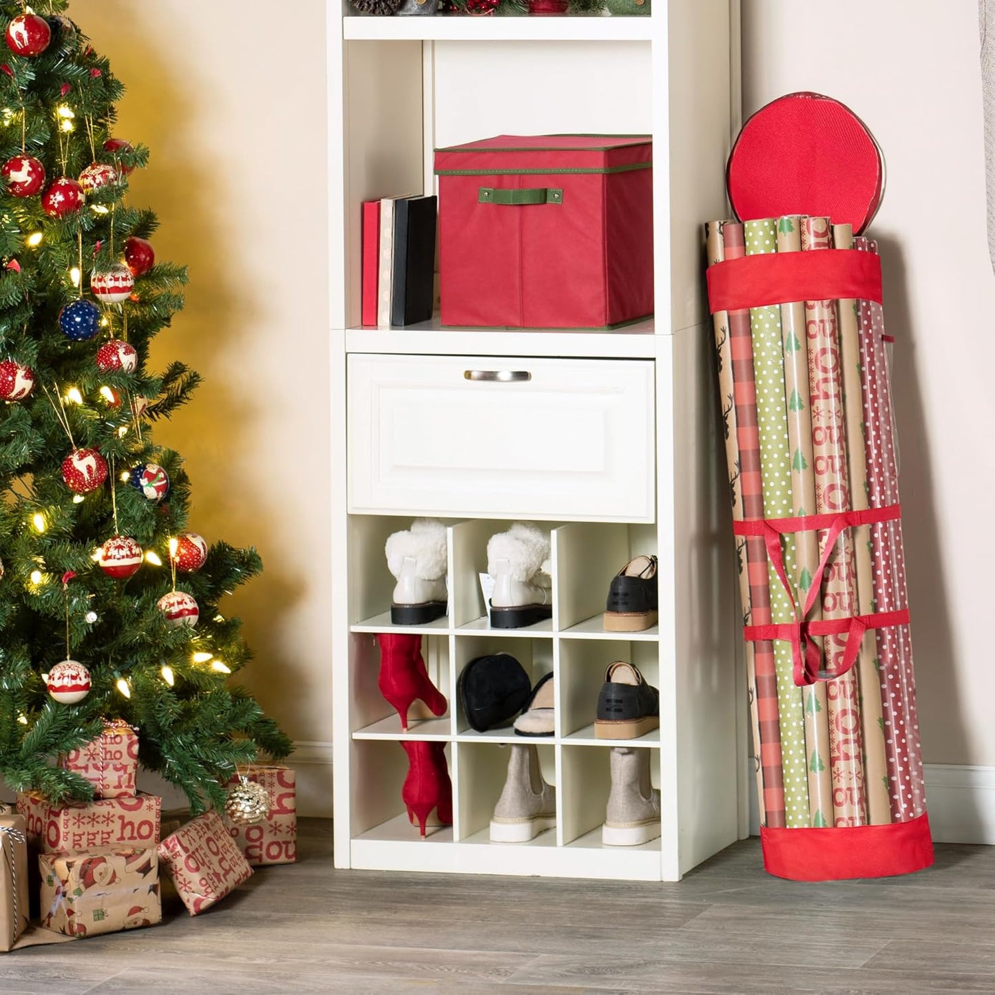 ZOBER Gift Wrap Storage Organizer - 40 Inch Round Wrapping Paper Holder | Durable Clear PVC & 600D Oxford Fabric - Fits 25 Rolls - Red