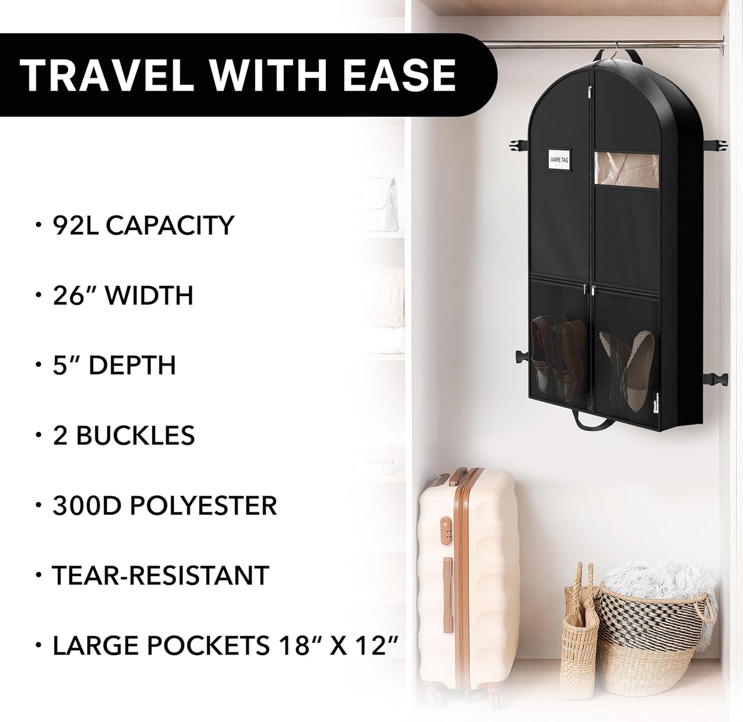 Simple Houseware 43" Travel Garment Bag - Heavy Duty 300D Polyester with Pockets for Suits & Dresses