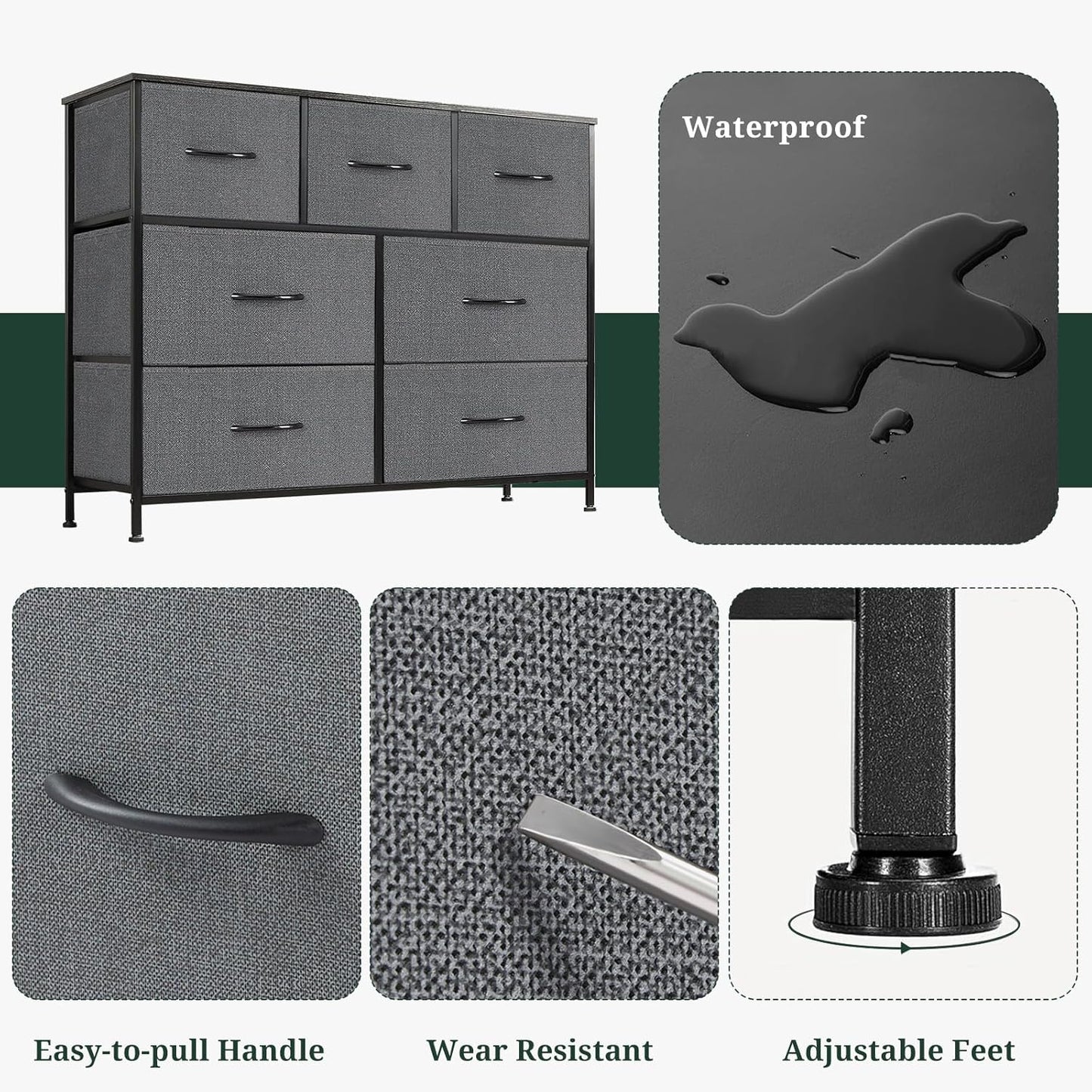 Skiennix 7-Drawer Dresser - Anti-Tip Fabric Storage Organizer with Wooden Top | Gray Finish for Bedroom & Living Room
