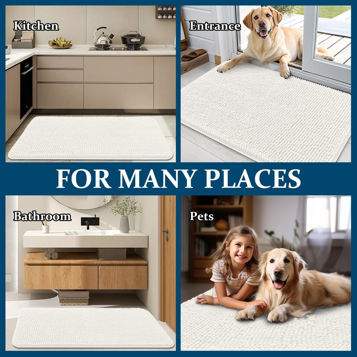 OLANLY Dog Door Mat - Absorbent Non-Slip Mud Mat for Indoor Use | 47x32, Quick Dry Chenille, Ivory