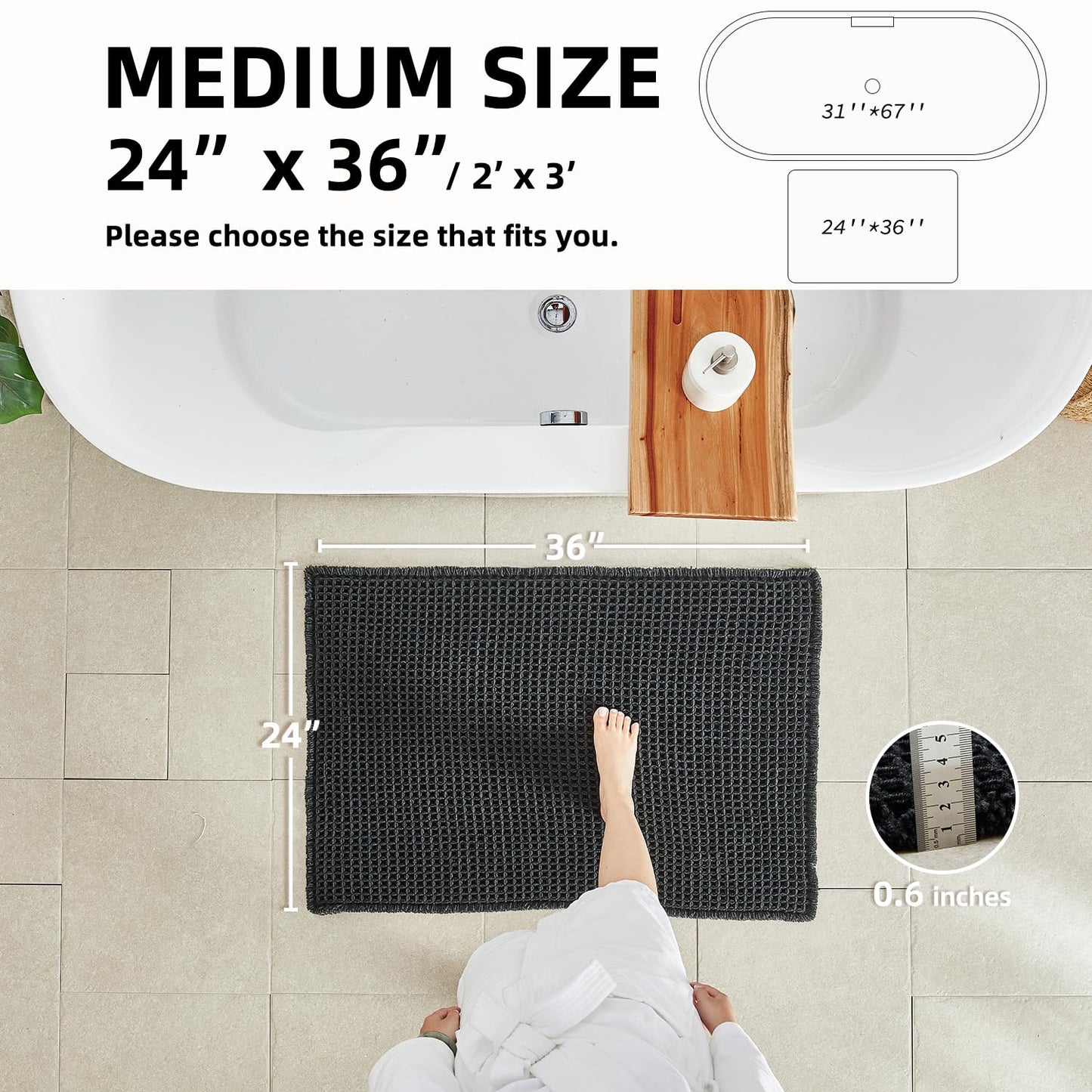TYUU Black Bathroom Rug, Waffle Bath Mat Non Slip Washable Super Absorbent Quick Dry Boho Farmhouse Bathroom Decor, 36"x24"/ 3'x2' Black