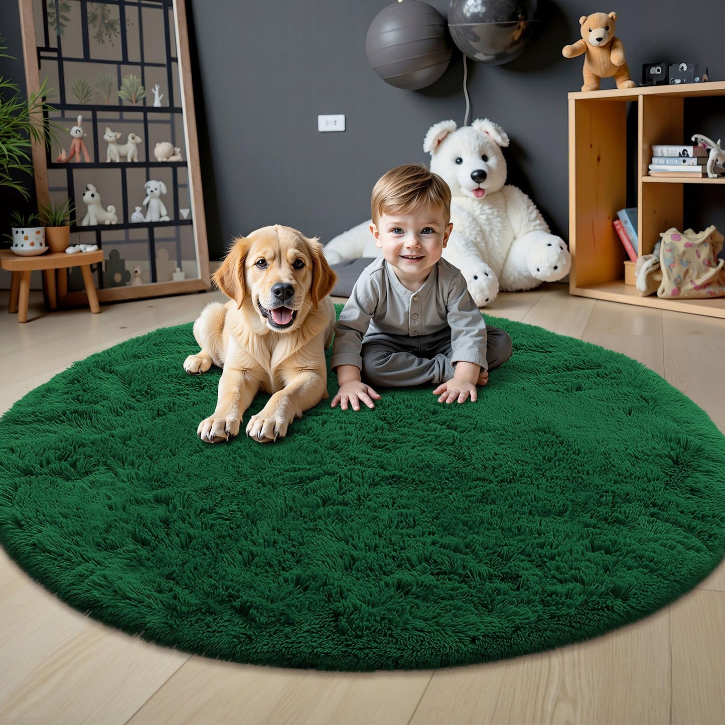 OLANLY Dark Green Round Rugs for Bedroom - Machine Washable, 9 ft Circle Area Rugs for Living Room, Soft and Fluffy Shaggy Carpet for Teen Girls and Boys, Nursery Rooms, Dorms, Home Decor Aesthetic