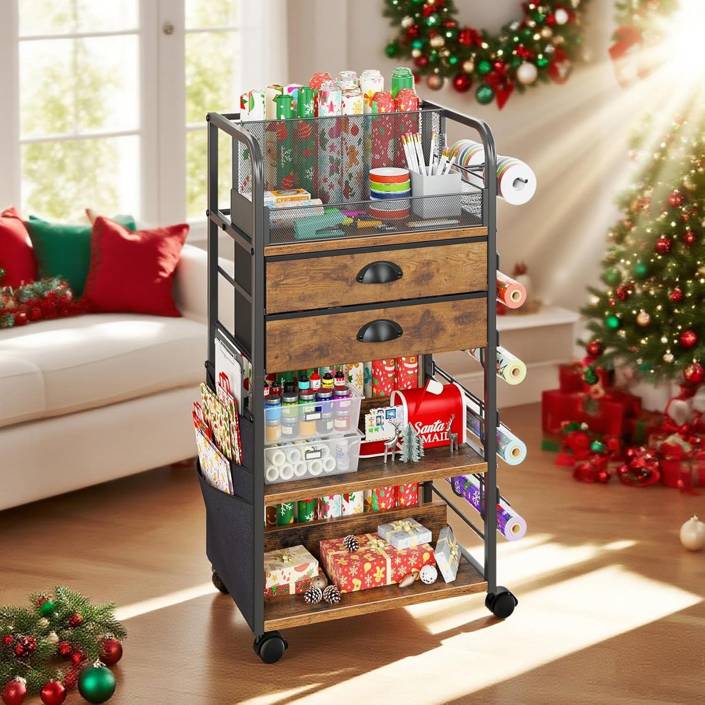 Wrapping Paper Storage Cart - Regine Switzerland Organizer with 2 Fabric Drawers & Lockable Wheels
