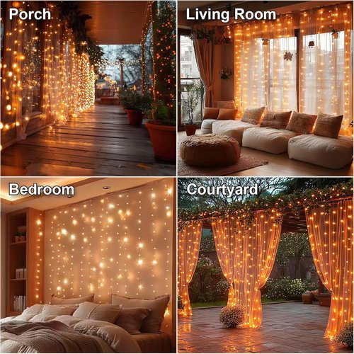HXWEIYE 300LED Fairy Curtain Lights - 9.8x9.8Ft USB Plug-In with 8 Modes & Remote | Orange, 1 Pack for Bedroom & Wedding Decor