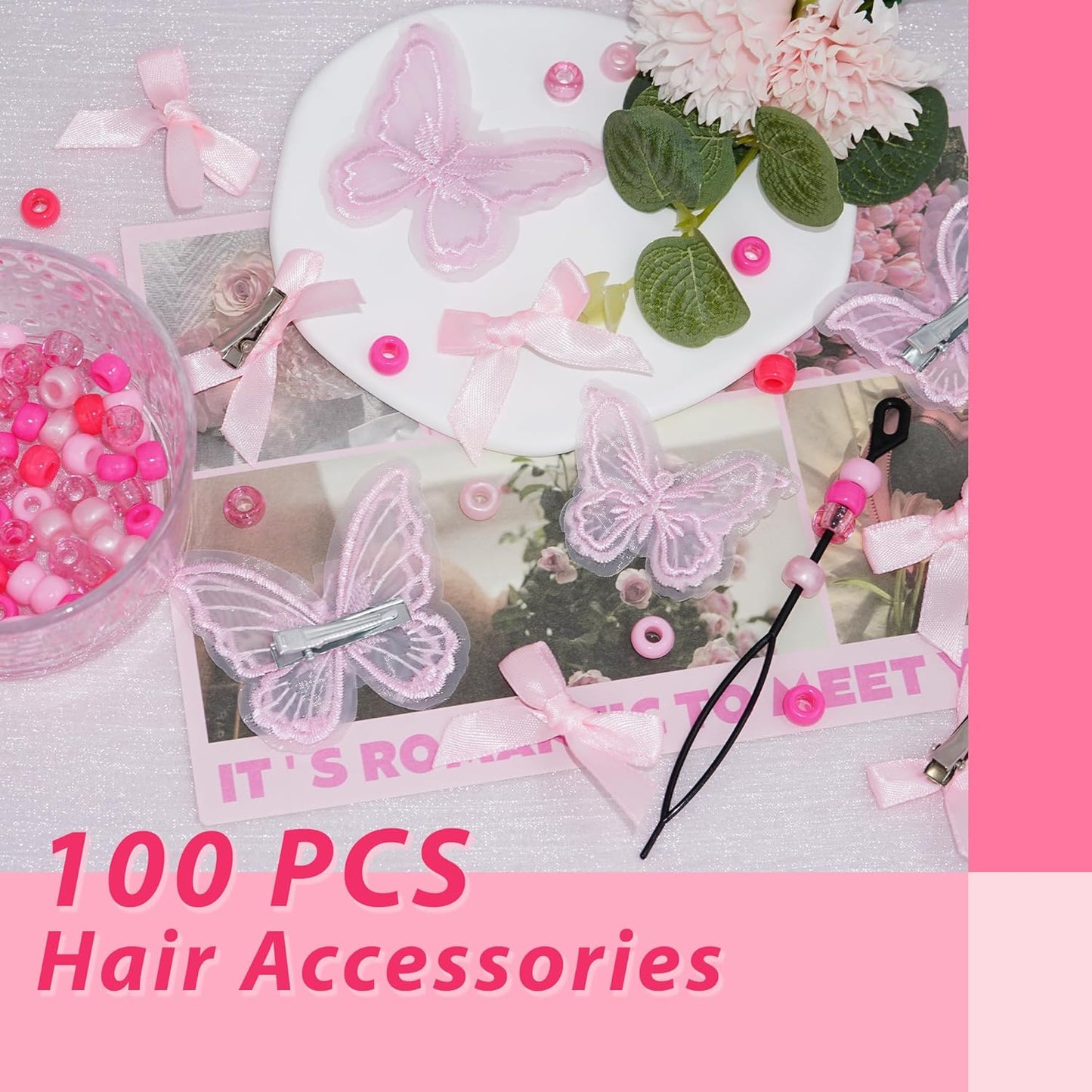 Skiennix 100PCS Small Pink Hair Beads - Gradient Acrylic Bows for Braids & Dreadlocks | Cute Accessories for Women & Girls