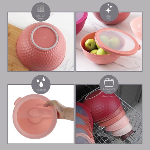 COOK WITH COLOR Mixing Bowls Set - 12-Piece Microwave Safe Nesting Bowls with Lids, Rose Embossed