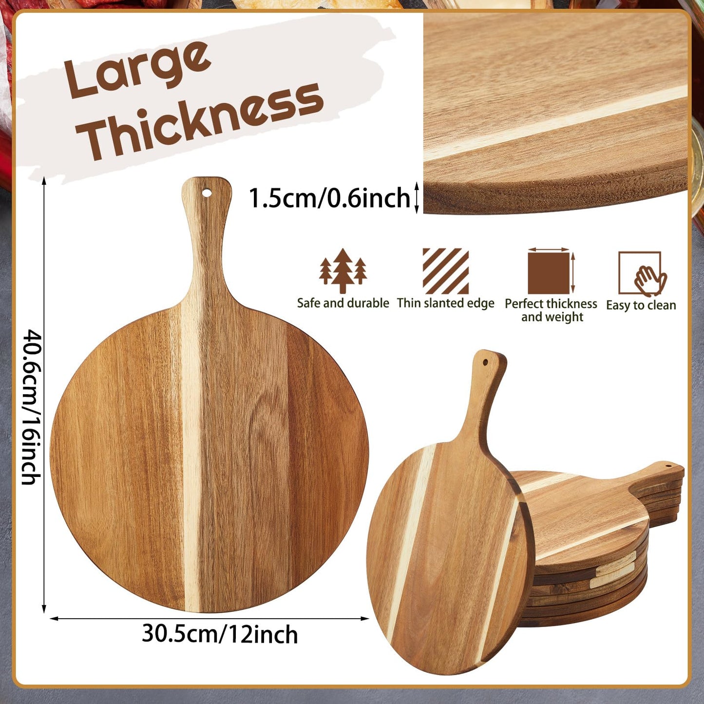 Sliner 6 Pcs Acacia Wood Cutting Board Bulk 0.6 Inch Thick Round Charcuterie Board with Handle Large Wooden Chopping Paddle for Cutting Pizza Cheese Meat Fruit(12 x 16 Inch)