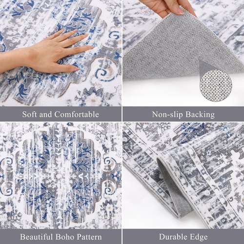 Ileading Extra Long Runner Rugs for Hallways 2.6 x 14 Ft Non Slip Carpet Floor Runner Super Soft Laundry Room Rug Distressed Boho Runner Area Rug for Entryway Hallway Bathroom Bedroom, Grey and Blue