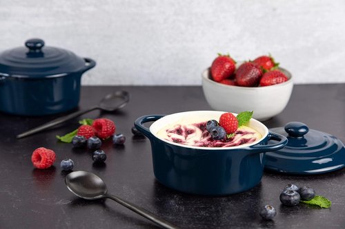 Kook Ceramic Mini Cocotte Set - 12 oz Individual Baking Ramekins | Oven Safe, Microwave & Dishwasher Safe, Navy - Set of 4