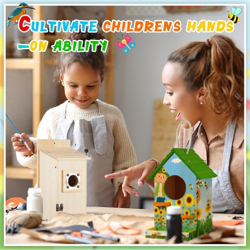 Liliful DIY Wooden Birdhouse Kit - 4 Pack Arts & Crafts Set with Paint & Brushes | Perfect for All Ages