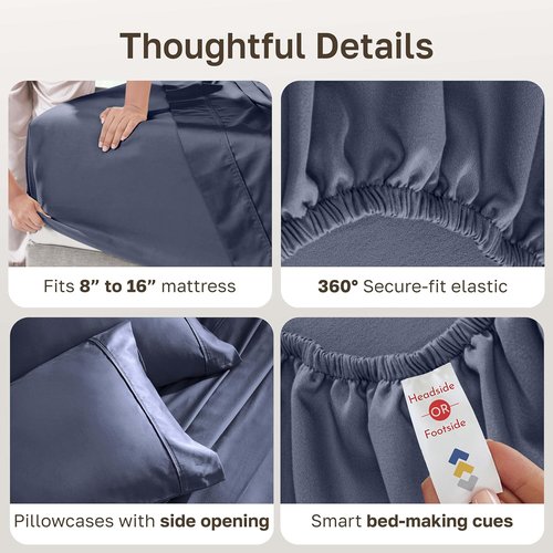 California Design Den Queen Size Bed Sheets Set - 100% Cotton, 400 TC, Smooth Sateen Finish, Deep Pockets - Indigo Dusty Blue
