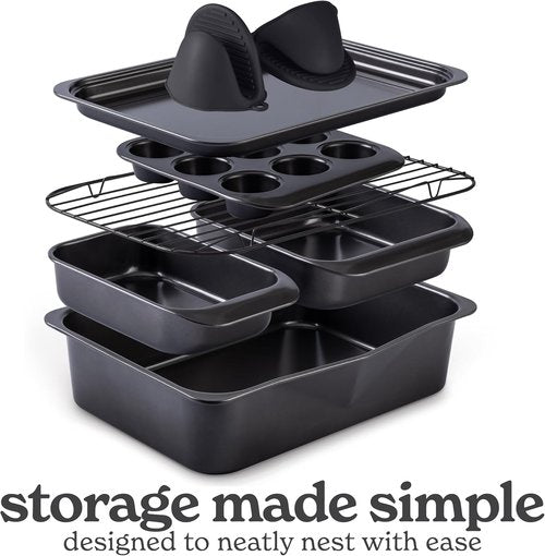 Country Kitchen Nonstick Bakeware Set - Deluxe Heavy Duty & Easy Release, 8 Pcs, Black