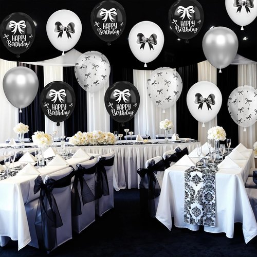 Black Bow Balloons - 30 Pcs 12-Inch Black & White Balloons for Bachelorette Party Decor