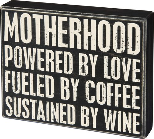Primitives by Kathy Motherhood Powered by Love Coffee Wine 8 Inches Square Wood Box Sign Home and Garden Decor