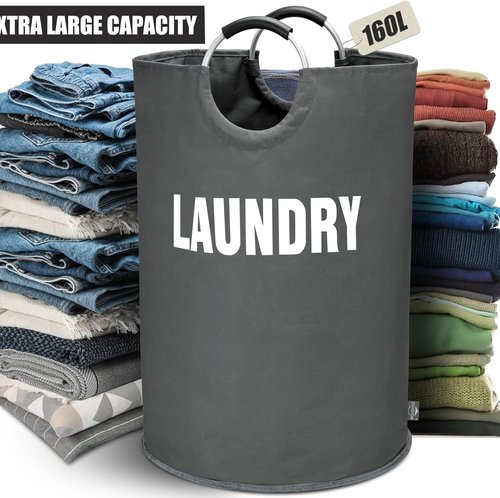 DOKEHOM XX-Large Laundry Basket - 160L Collapsible Hamper in Dark Grey | Foldable Washing Bin