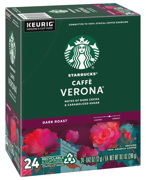 Starbucks Coffee K-Cup Pods, Caffè Verona, Dark Roast Coffee, Notes of Dark Cocoa & Caramelized Sugar, Keurig Genuine K-Cup Pods 24 Count (Pack of 2)