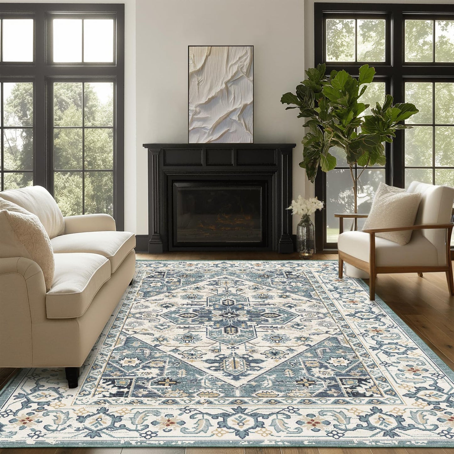 QD-Udreamy Area Rugs for Living Room - 6x9 Area Rugs, Machine Washable Rugs 6x9, Non-Slip, Stain Resistant Soft Boho Vintage Large Carpet Low Pile Thin Rugs for Living Room Bedroom