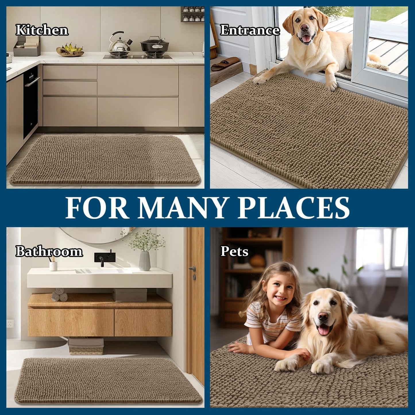 OLANLY Dog Door Mat - Absorbent Non-Slip Chenille Mat for Muddy Paws | 59x20 Inches, Tan