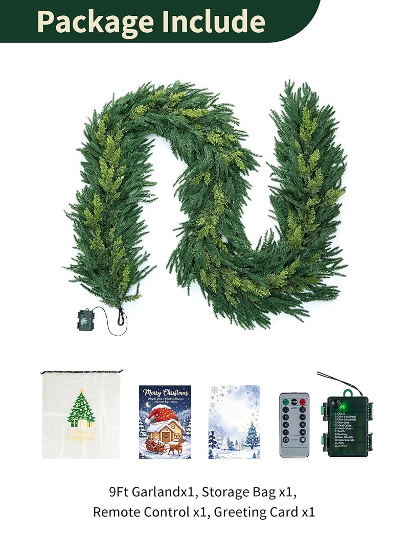 9 Ft Norfolk Pine Garland with 80 LED Lights - Prelit Artificial Greenery, Multi-Function Remote