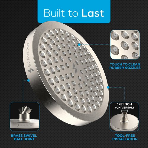 SparkPod Shower Head - High Pressure Rain - Premium Quality Luxury Design - Easy Clean Adjustable Replacement for Your Bathroom Shower Heads (Elegant Brushed Nickel, 6 Inch Round)