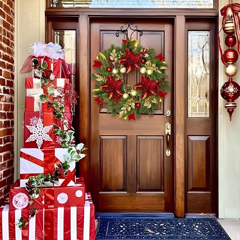 Red 24-Inch Christmas Wreath with Lights & Poinsettias - Pre-Lit